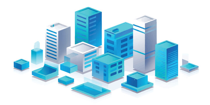 An abstract blue isometric cityscape featuring 3d skyscraper architecture and urban business buildings designed as a vector illustration of a modern skyline