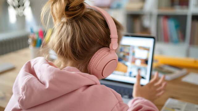 Young Girl engaged in online learning with headphones at home office