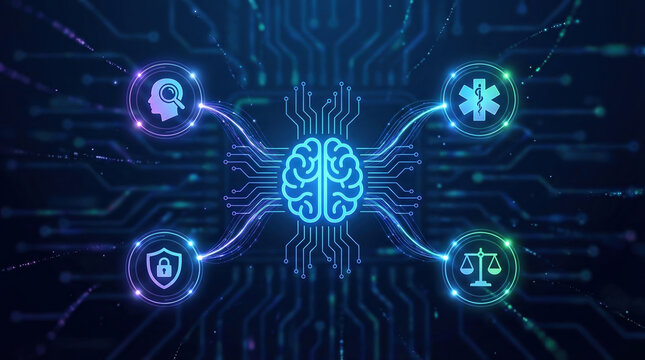 Artificial Intelligence AI Ethics Neural Network Machine Learning Digital Health Cybersecurity Data Privacy concept with glowing icons on circuit board for technology