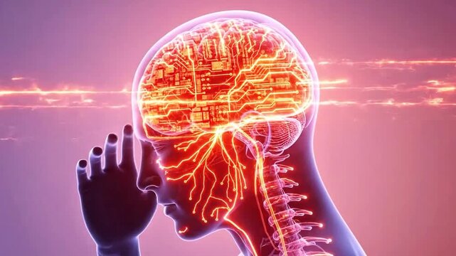 A person experiencing a headache with a glowing brain in a video