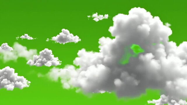 A vibrant 3d digital illustration of fluffy white clouds floating dynamically against a bright neon green chroma key background, perfect for compositing.