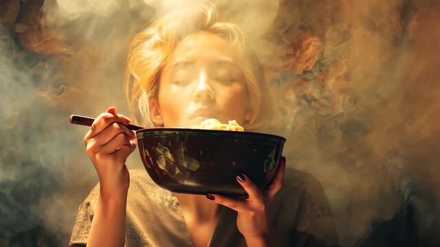 Woman eating hot steaming noodles with chopsticks  