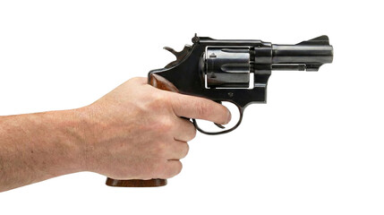 Man's Hand Aiming a Revolver Gun Isolated on White Background