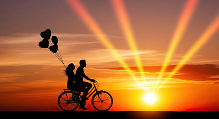 A loving couple rides a tandem bicycle at a beautiful sunset with bright sun rays in the sky holding heart balloons expressing romance and togethernes