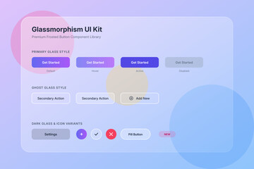 A premium collection of glassmorphism UI components featuring frosted glass buttons, interactive states, and modern design elements for web and mobile app interfaces.