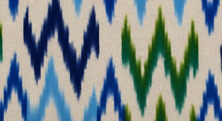Vibrant Ikat Textile Pattern with Zigzag Design in Blue and Green.