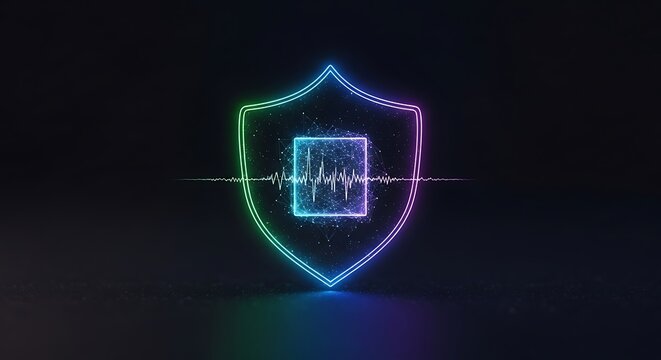 Shield icon with digital circuits and sound wave, representing data security and protection.