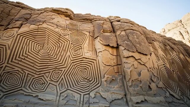 Ancient petroglyphs on rocky cliff face with intricate geometric patterns