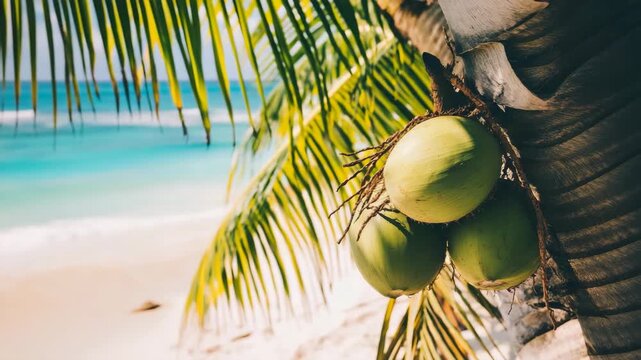 Fresh coconuts hanging on tropical beach tree