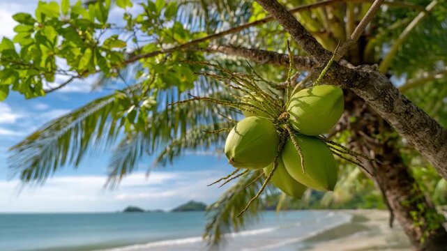Fresh coconuts hanging on tropical beach tree