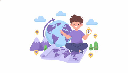 Obraz premium Man holding globe and compass illustration.