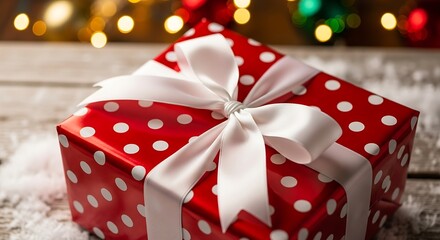 Festive Red and White Polka Dot Gift Box with Ribbon.