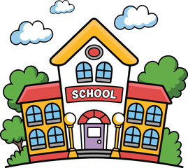Fototapeta premium Colorful Cartoon School Building with Trees and Clouds