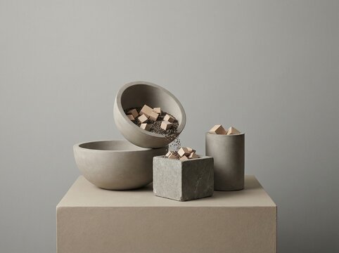 Minimalist resource reallocation concept with abstract containers and wooden blocks