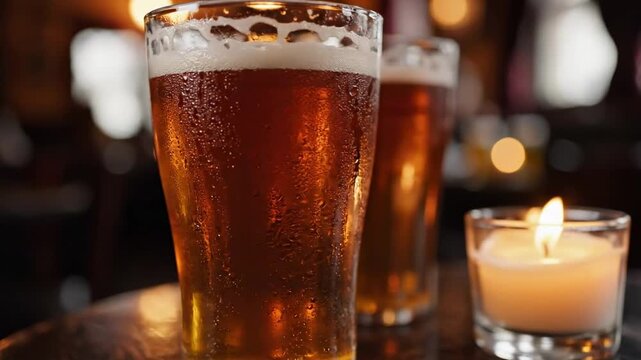 pints of beer. Two frosty glasses of amber beer sit on a wooden table, condensation glistening against the light, with a flickering candle beside them adding a warm ambience