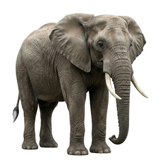 Fototapeta premium Full body African elephant with tusks, gray wrinkled skin, standing side view, animal cutout for design, Isolated on white background