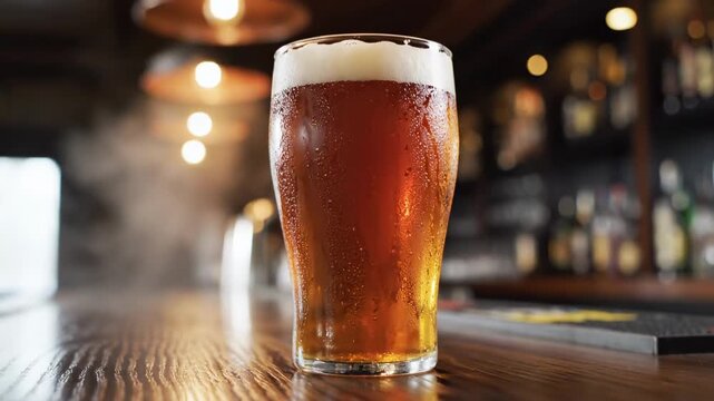 pints of beer. A chilled glass of amber beer sits on a bar counter, showcasing a thick, creamy foam head. The warm ambiance is illuminated by hanging pendant lights in the background