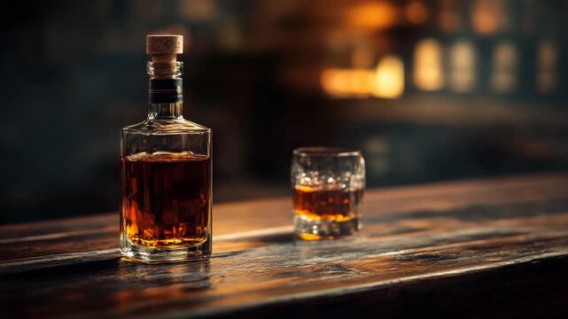 Luxury whiskey bottle and glass with ice