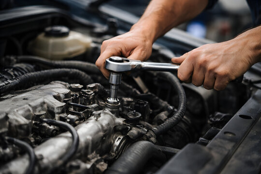 A shot of vehicle maintenance in progress, mechanic&rsquo;s hands using professional tools on a car engine component