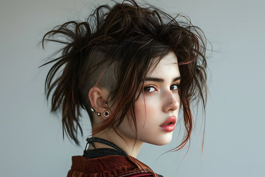 Portrait of a girl with a stylish undercut hairstyle, showcasing a modern, edgy look with bold attitude, confidence, and contemporary fashion.