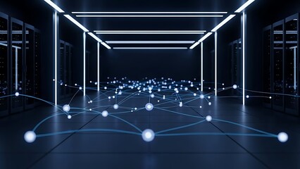Abstract representation of a decentralized digital network connection glowing with bright blue light across the floor of a dark futuristic server data center room environment