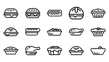 Iconic black and white illustrations of various food items and dishes