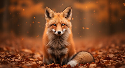 Red fox sitting in autumn leaves with orange foliage background.