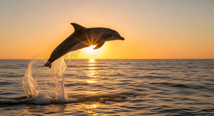 Dolphin leaping out of the ocean at sunset with splashing water.