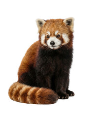 Fototapeta premium Red panda sitting with fluffy ringed tail, studio wildlife photo Isolated on white background