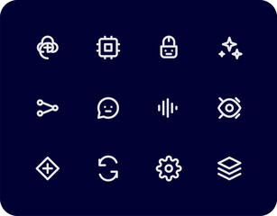 A versatile collection of flat technology icons covering cloud computing, data security, artificial intelligence, networking, and digital business solutions for modern interface design.