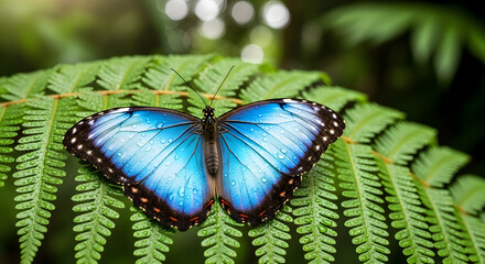 Blue Morpho Butterfly resting on a green fern leaf in a lush forest.