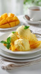 High quality photo of Mango ice cream with fresh mango slices and mint leaves on a white plate