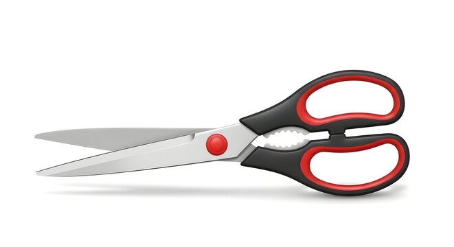 A pair of black and red scissors on a white background