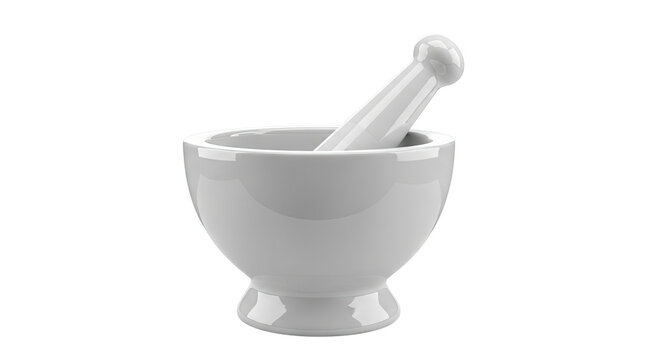 White ceramic mortar and pestle on a white background