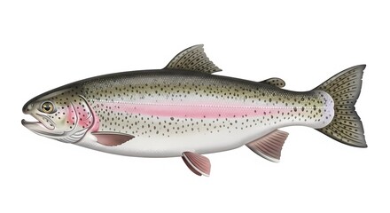 A vibrant rainbow trout swimming in a serene aquatic environment with a natural light shining down.