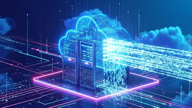 Futuristic cloud comg server concept with glowing neon lights and data streams.