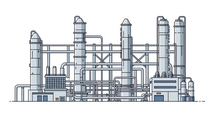 Obraz premium Detailed vector illustration of a sprawling industrial refinery complex with multiple processing towers and interconnected pipelines, symbolizing energy production and chemical manufacturing