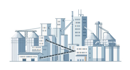 Obraz premium Modern industrial complex illustration featuring tall silos, interconnected factory buildings, and conveyor systems, depicting a large-scale manufacturing or processing plant