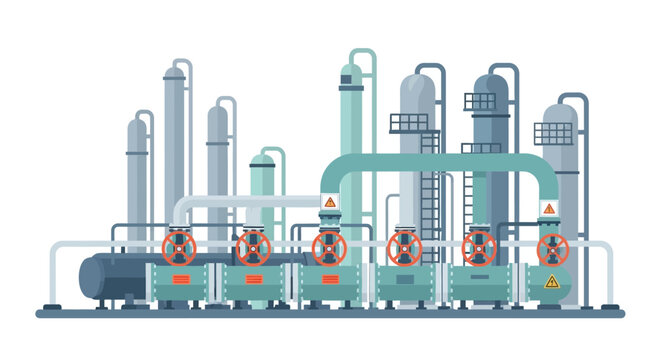 Modern industrial plant featuring multiple processing units, tanks, and intricate piping systems, symbolizing large-scale energy production and manufacturing infrastructure