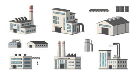 Obraz premium A diverse collection of modern industrial factory buildings and manufacturing plants, depicted in a flat design style, illustrating various production facilities and urban infrastructure