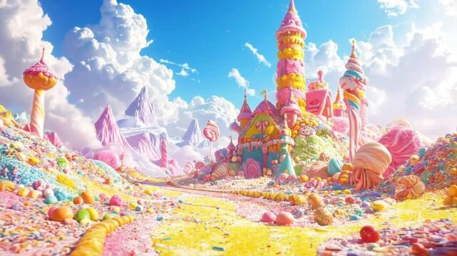 Whimsical candy land landscape with colorful sweets, castles, and a bright blue sky.