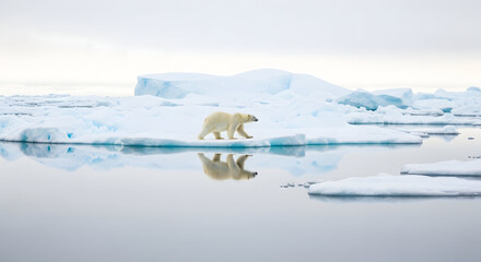 Polar bear walking on ice floes in the Arctic landscape.