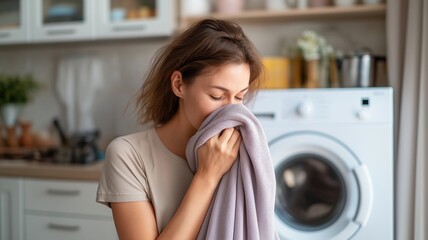 Housewife enjoying the scent of freshly washed clothes.