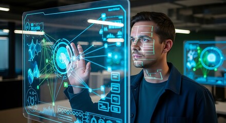 Man interacting with futuristic transparent screen interface in office.