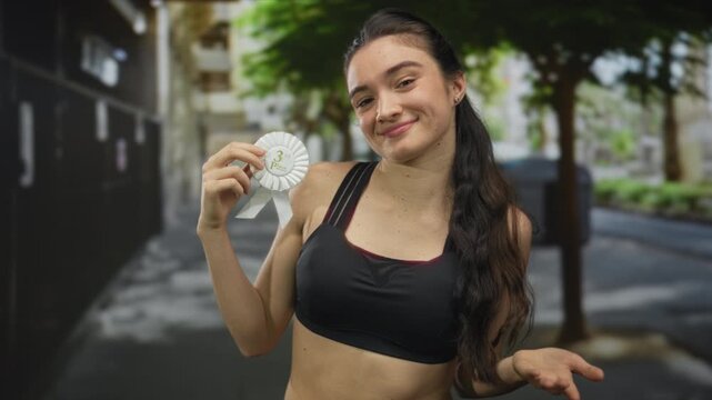 Woman holds white third place ribbon on city street in sports bra shrugging her bare shoulders; humility.