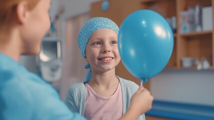 Concept of Childhood Cancer Awareness, A young child receiving chemotherapy takes a balloon from the clinic nurse.