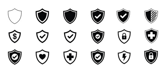 Shield with check mark icon set. Shield check mark icon or security shield protection icon with tick symbol. Shield check mark icon . Protection secure lock vector sign. Security and privacy symbol.  © muni