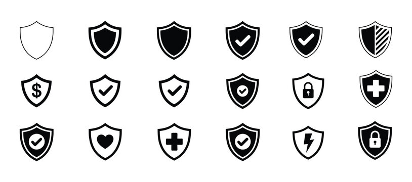 Shield with check mark icon set. Shield check mark icon or security shield protection icon with tick symbol. Shield check mark icon . Protection secure lock vector sign. Security and privacy symbol.
