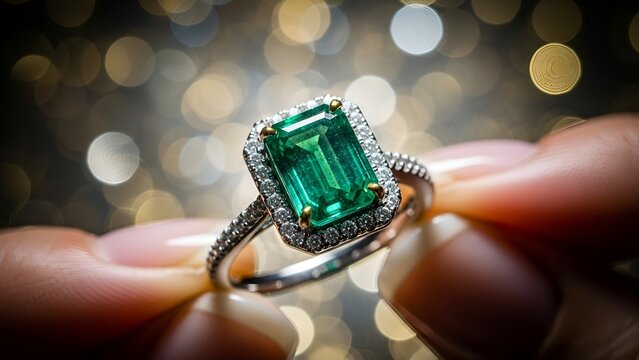 Cinematic glamour emerald ring surrounded by bokeh lighting held delicately between fingers