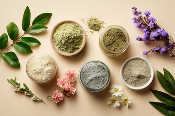 A tranquil arrangement of natural powders in jars, surrounded by colorful flowers and green leaves, showcasing a harmonious blend of nature and wellness.